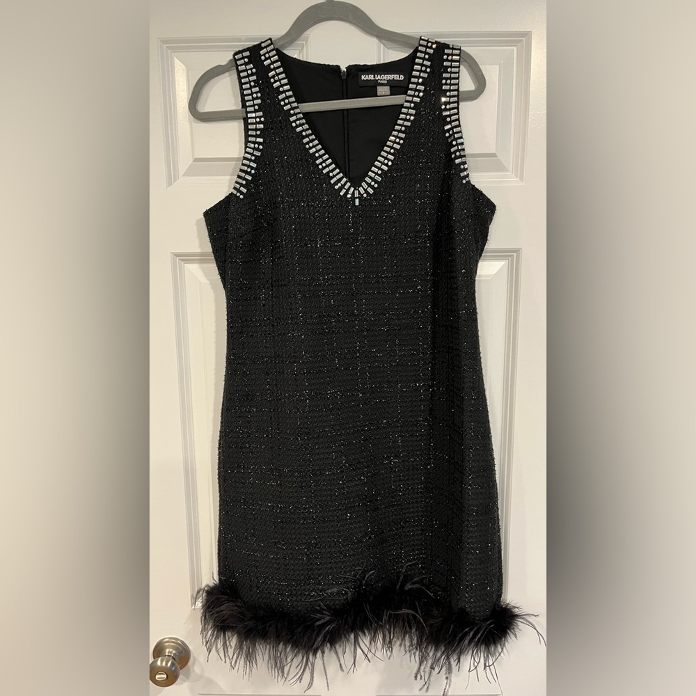 Karl Lagerfeld Black V-Neck Sparkly Dress with Feather Trim